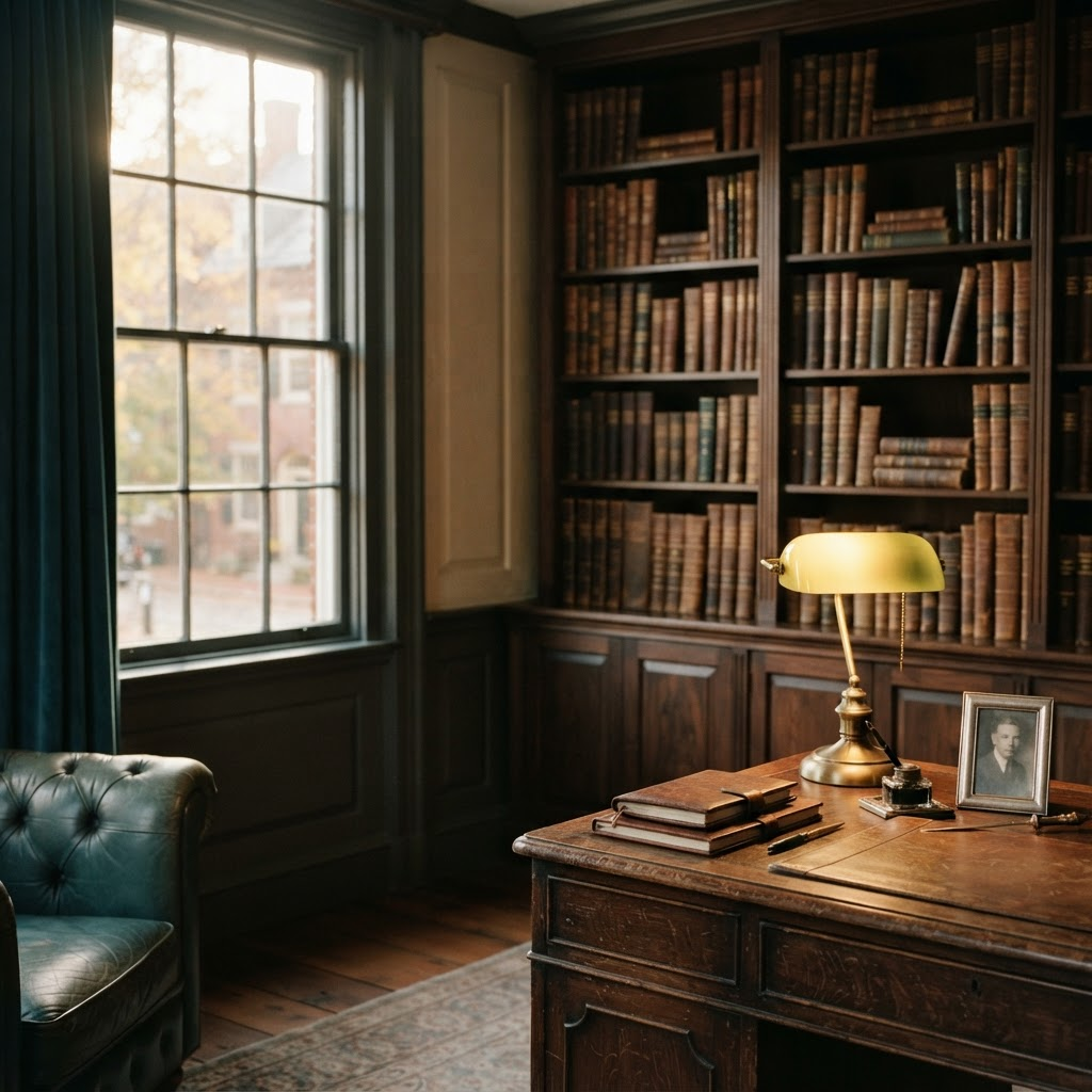 A quiet New England library interior in warm afternoon light, with leather-bound volumes on dark wood shelves.